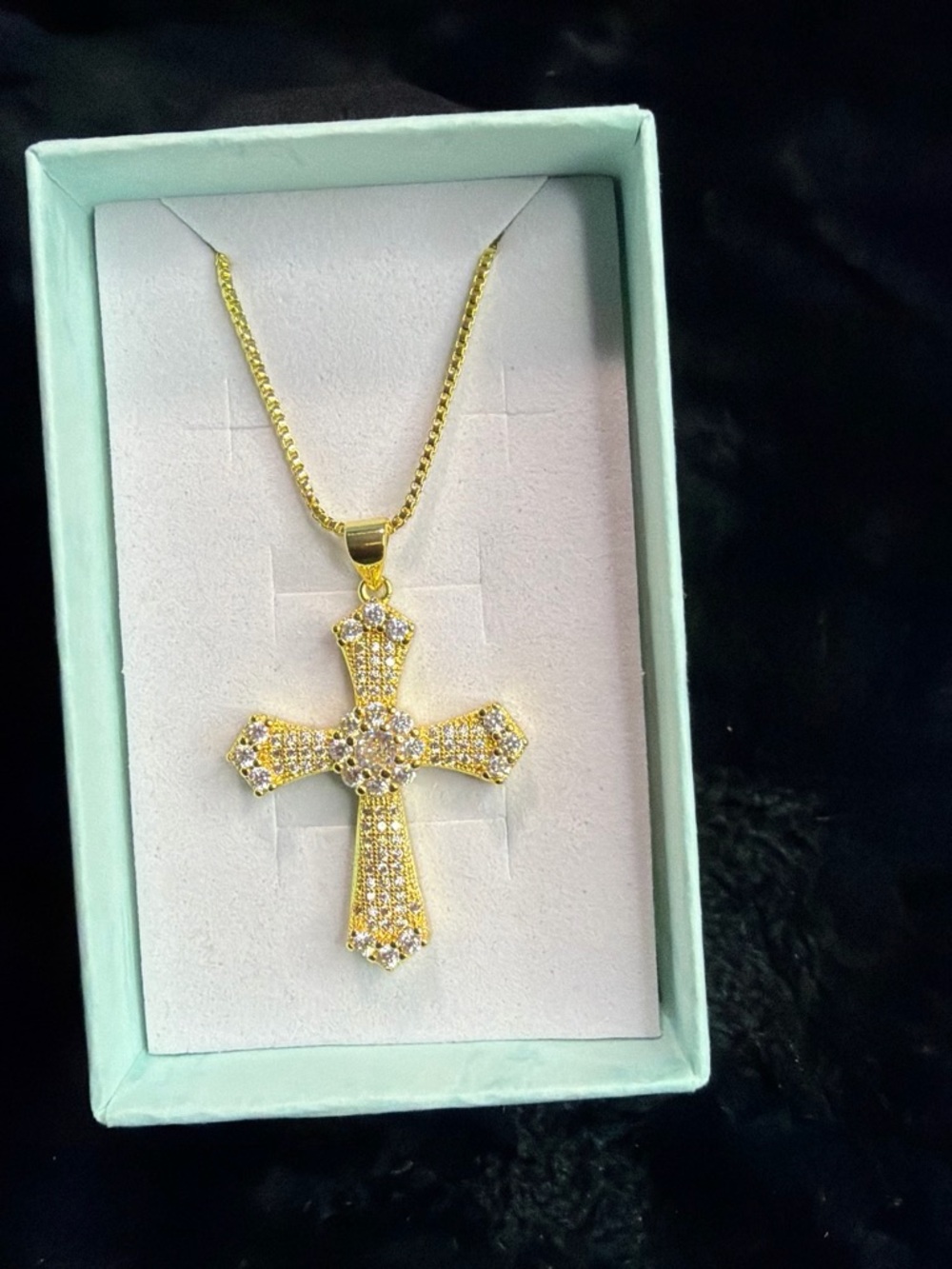 Gold Cross Pendant Necklace with Clear Crystals - Women Jewelry